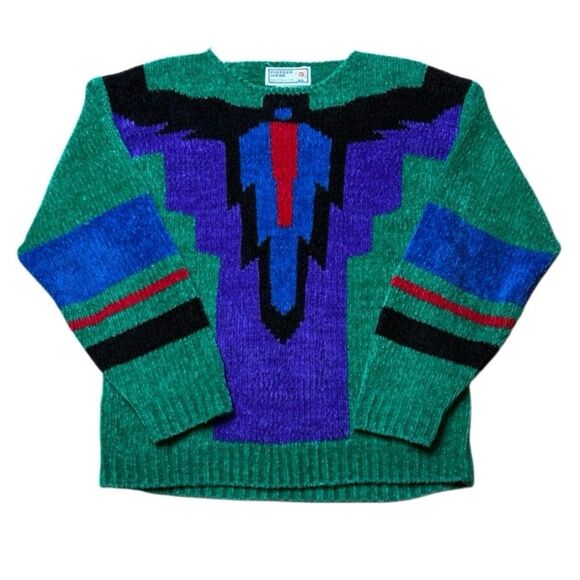 Vintage Sweaters - 80s Vintage Pioneer Wear Tribal sweater Green Chenille Medium